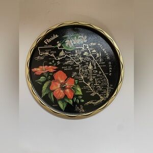 Vintage Map Of Florida Souvenir Tray Decorative Metal Hibiscus Flower